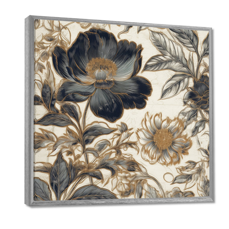 Blue Gold Peony Symphony I, reproduction d'art sur toile, H 24 po x l 24 po x P 1 po, Cadre argenté flottant