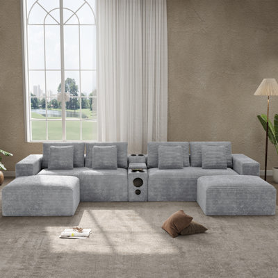 Oversized 151.6"W U-Shape Modular Sectional With Console, Cup Holders, Bluetooth Speaker & USB Ports