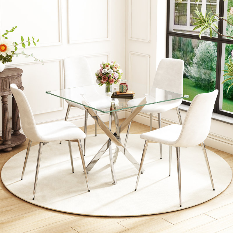 5 - Piece Pedestal Dining Set, Silver, Silver/White