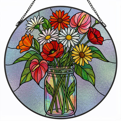 12"H Floral Arrangement Stained Glass Window Panel