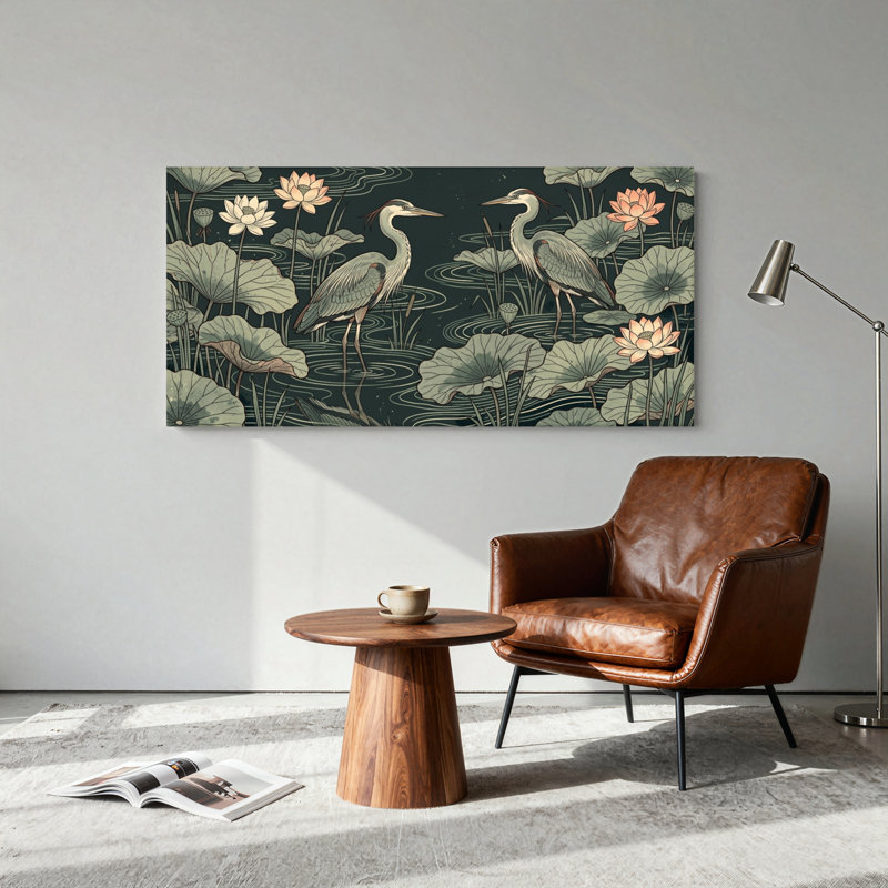 Ensemble de 1 tableau mural sur toile représentant un héron et un lotus, L 58 po x H 28 po, Toile tendue