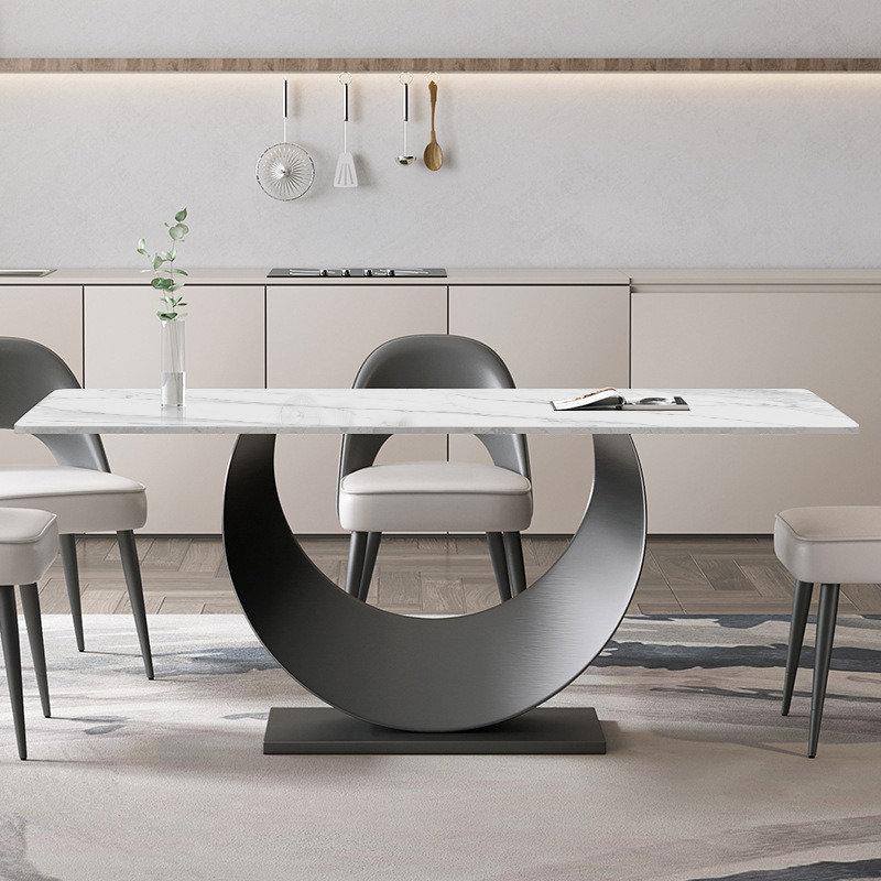 Modern Sintered Stone Dining Table for 6-8 with Pedestal Base, Pre-Assembly, White, Silver, 94.49" L x 39.37" W