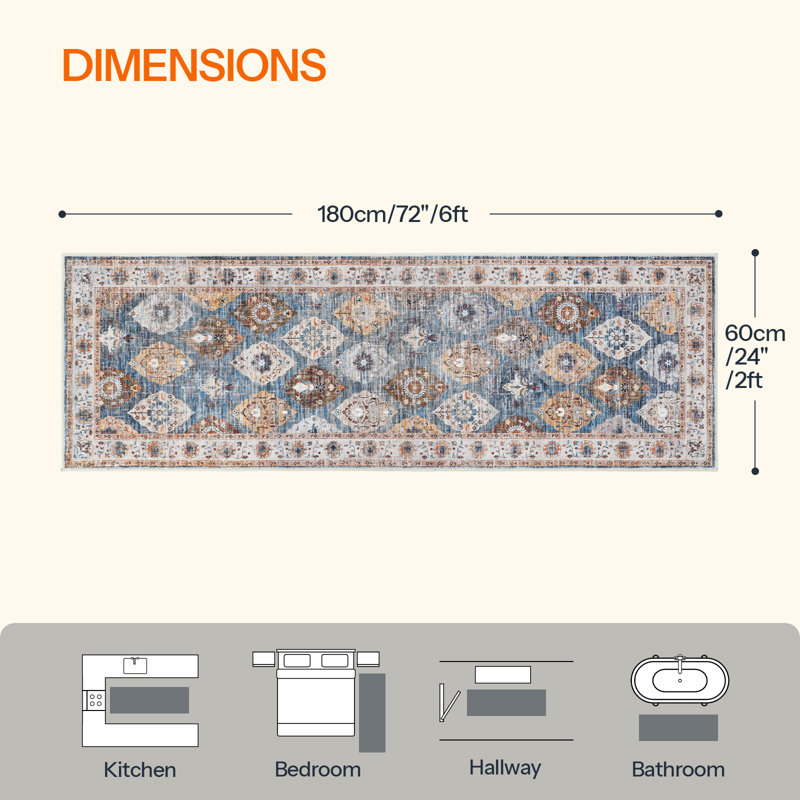 Washable Non-Slip Area Rug, Runner 2' x 6'