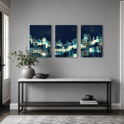 Ensemble de 3 toiles stylisées, paysage urbain bleu sarcelle et crème