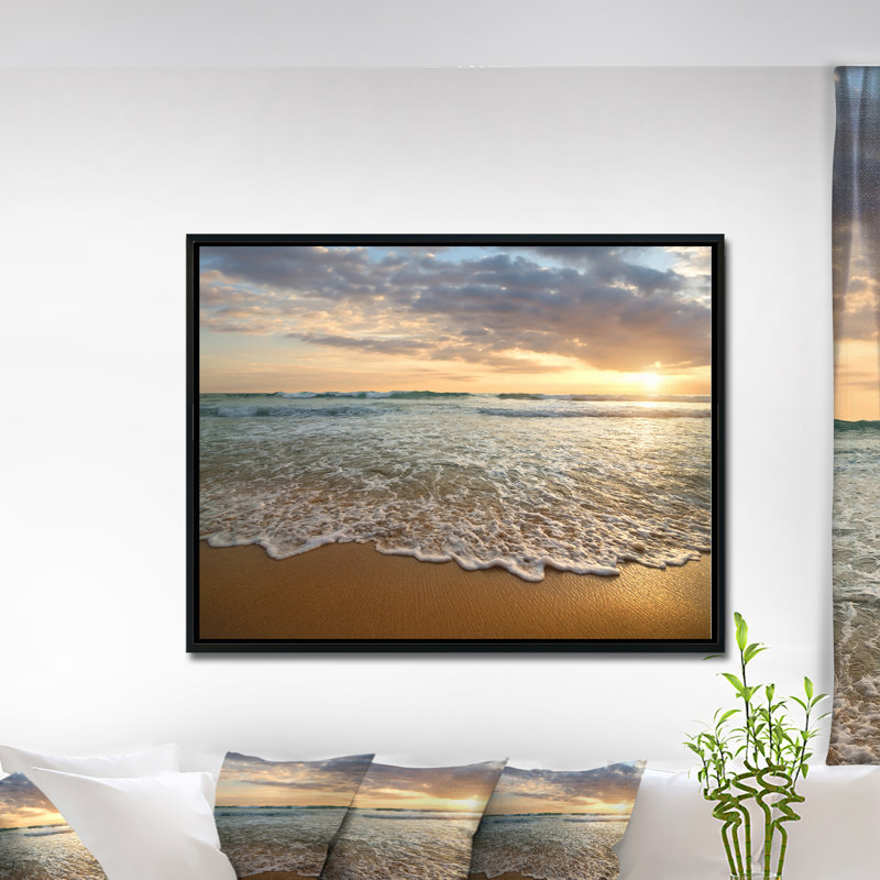 «Landscape Cloudy Sunset Ocean», art mural - Océan calme, H 30 po x l 40 po x P 1,5 po, Toile avec cadre flottant