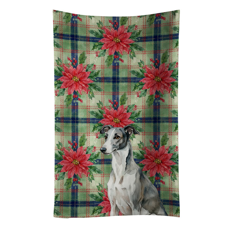 Black and White Greyhound Christmas PoinsettIas Kitchen Towel, Black/White Greyhound