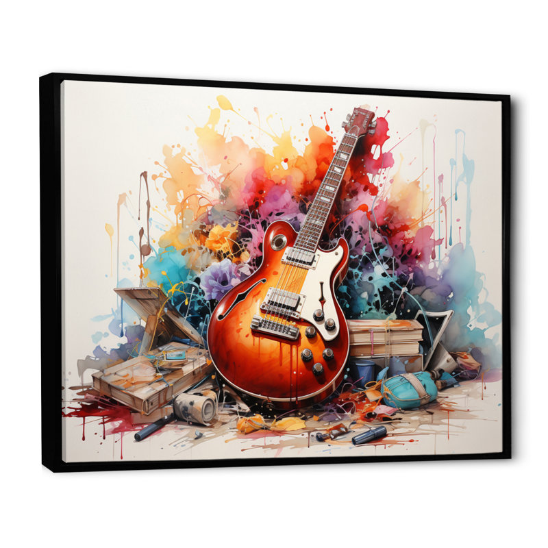 «Dry Watercolor Fire Guitare III», reproduction, H 34 po x l 44 po x P 1,5 po, Cadre flottant noir