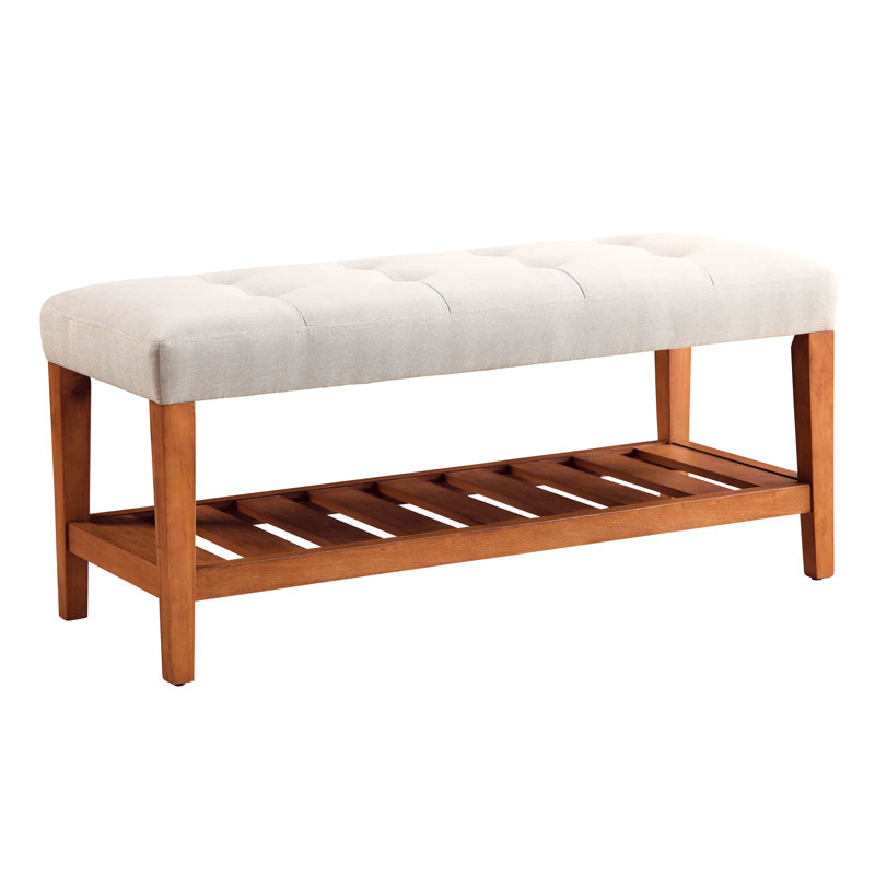 Charla Fabric & Oak Finish Bench, Light Gray