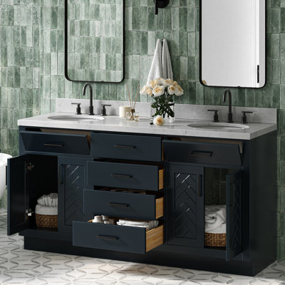 Chevron 66 Inch Double Oval Vanity Bathroom Vanity with Carrara White Quartz Countertop 1.5 Inch in Midnight Blue