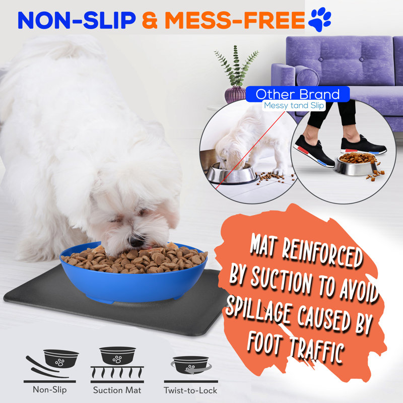 Blue Non-Slip Twist-Lock Pet Feeding Bowl with Suction Mat