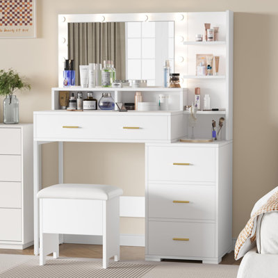 Vanity Desk With Mirror And Lights, Makeup Vanity With 5 Drawer, 3 Level Cabinets & 3 Tiers Of Open Shelves