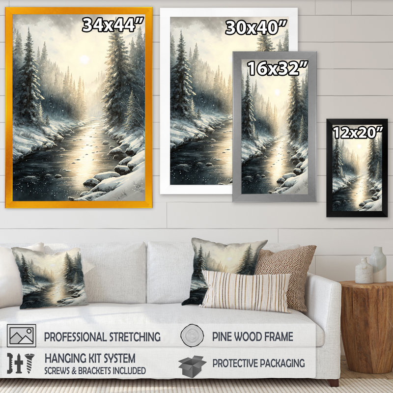 «Sunlight Reflecting the Snow Forest River I», reproduction sur toile, H 20 po x l 12 po x P 1 po, Cadre photo noir