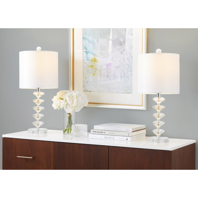 Lampe de table en cristal K9 à empilage de diamants en cristal K9 transparent avec abat-jour en soie blanc cassé et détails en métal chromé de Grandview Gallery - ensemble de 2
