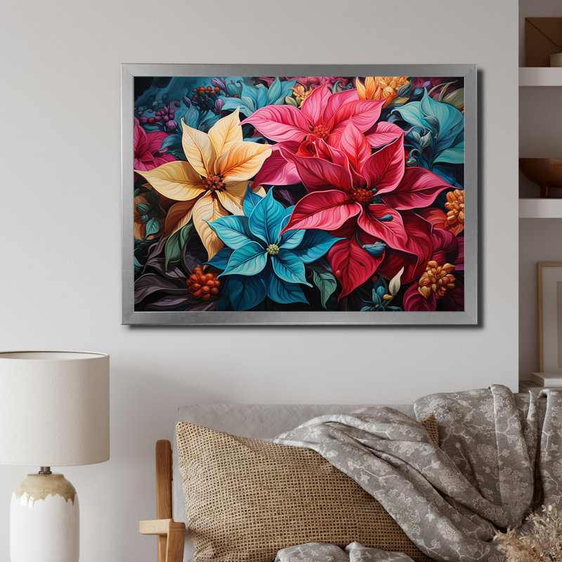 «Poinsettia Flower Burst», reproduction sur toile, Cadre photo gris, H 24 po x l 32 po x P 1 po