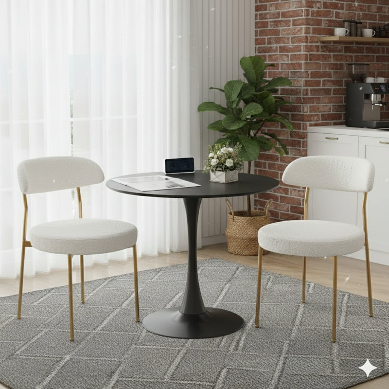 Round Dining Table Sets With 2 Chairs, Black, White/Gold