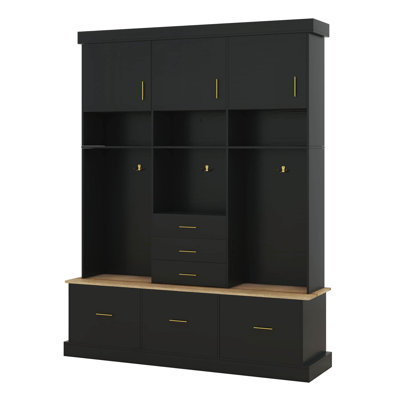 Hall Tree With Bench, 75" H Entryway Storage Organizer With Coat Hooks, 6 Drawers & 3 Cabinets And 3-Tier Top Storage, Mudroom Furniture by Mercer41