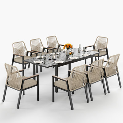 Kerrie Rectangular 84'' L Outdoor Patio Extendable Dining Set With Rattan Chairs