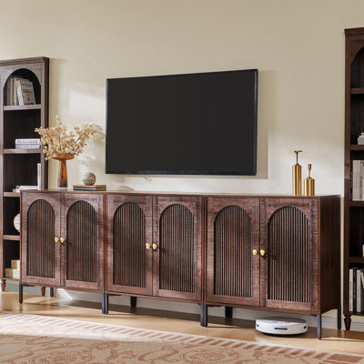 Modern TV Stands 34" Tall Wood Entertainment Center w/Adjustable Shelves, Mid-Century Modern TV Stand w/Arched Fluted Doors, Media Console Cabinet for Living Room