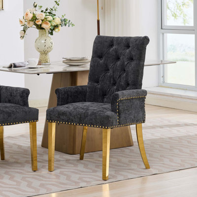 Chaises de salle à manger capitonnées en chenille avec garniture cloutée et pieds en acier pour plus de confort