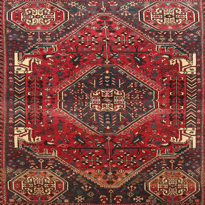 Tapis traditionnel rouge / beige / noir, Carré 6 pi