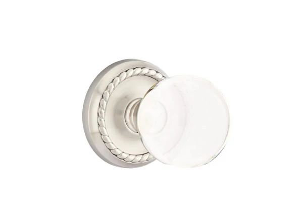 Ensemble de mortaise intérieure Emtek avec rosette en corde et poignée en verre Bristol (droite), Nickel satiné