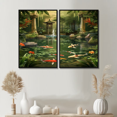 Bambou et étang Koi Showcase I - impressions florales de bambou sur toile, 2 panneaux