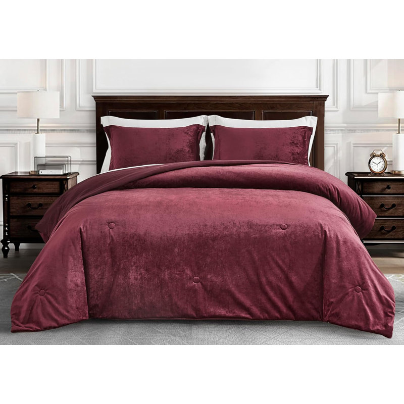 Lux Distressed Velvet Reversible Comforter Set, King Comforter + 2 King Shams, Burgundy