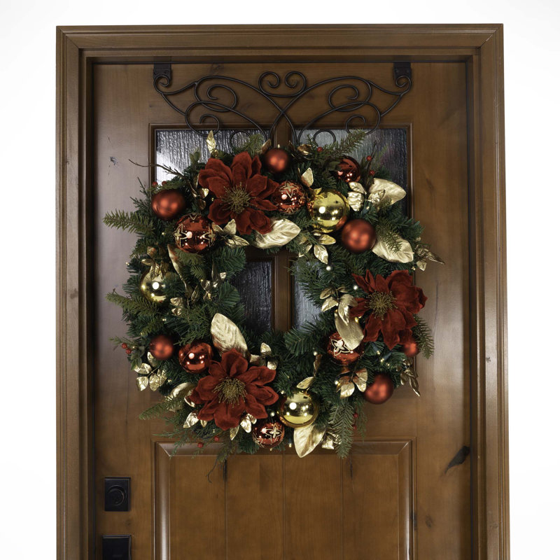 Golden Leaf Red Magnolia 30'' Artificial Christmas Wreath with LED Lights
