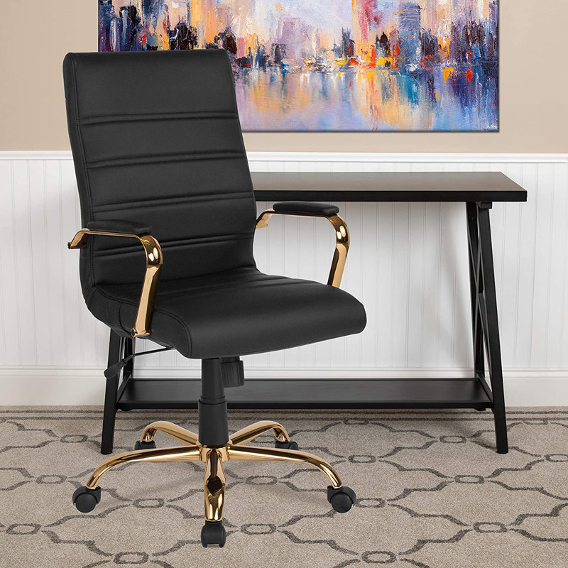 Ergonomic Upholstered High-Back Swivel Office Chair - Basics by Wayfair™, Gold, Black Faux Leather