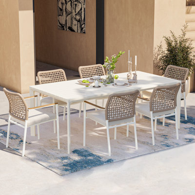Coral 71'' 6-Person Outdoor Patio Alumiun Frame Teakwood Arm Dining Set With Rectangular Table