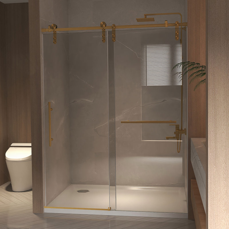Porte de douche coulissante sans cadre de 56 à 60 po x 76 po, verre trempé transparent de 5/16 po (8 mm), cadre en acier inoxydable, or brossé