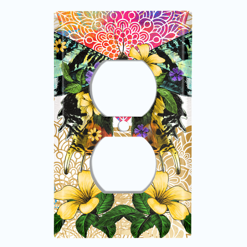 Plaque murale à interrupteur à bascule vert avec fleurs jaunes et arc-en-ciel Mandala