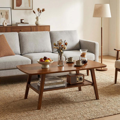 Table basse Mid-Century moderne en chêne massif avec rangement à 2 niveaux