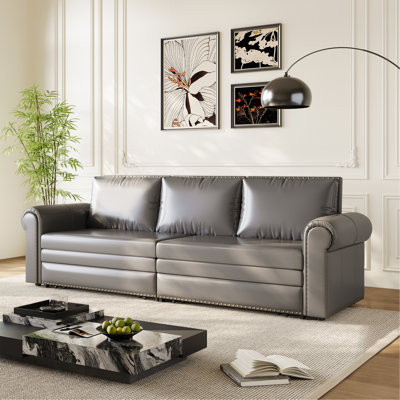 Chesterfield Sofa,93.7" King Pull Out Sofa Bed,3-in-1 Faux Leather Convertible Sleeper Sofa with Nailhead Trim & Rolled Arm,Multi-Functional Sofa Bed for Living Room,Bedroom