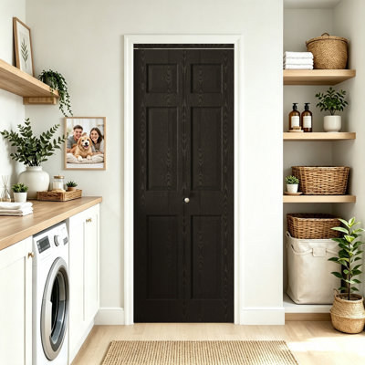 Upgraded Black 6-Panel Prefinished Manufactured Wood Bi-Fold Door, Complete Matching Door Frame Included