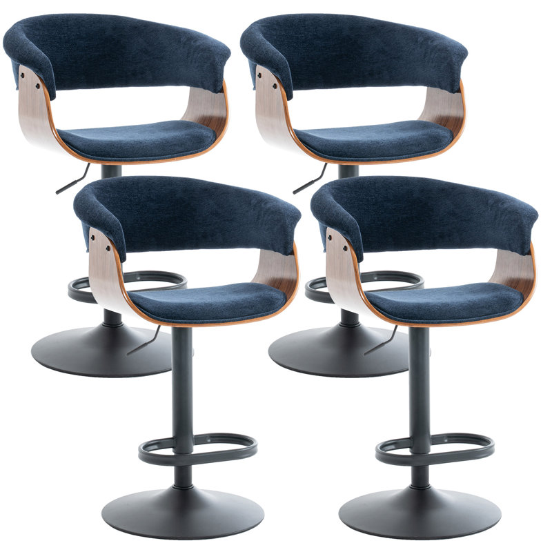Adjustable Height Bar Stools With Fabric Seat Swivel Stool With Backrest For Kitchen Island, Bar, Home Pub​​, Blue, 4