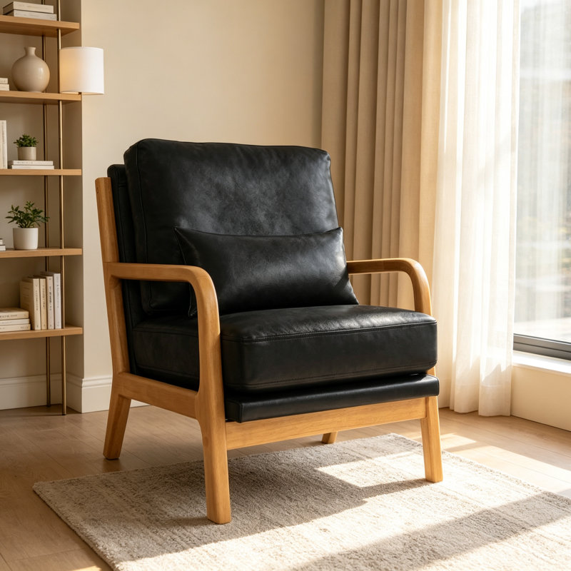 Chaise longue en bois, Black Faux Leather