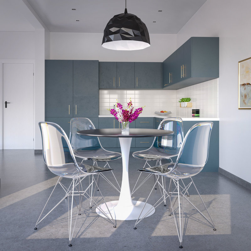 Leisuremod 5-Piece Dining Set With 35" Round Dining Table And  4 ABS Plastic Side Chair, Clear