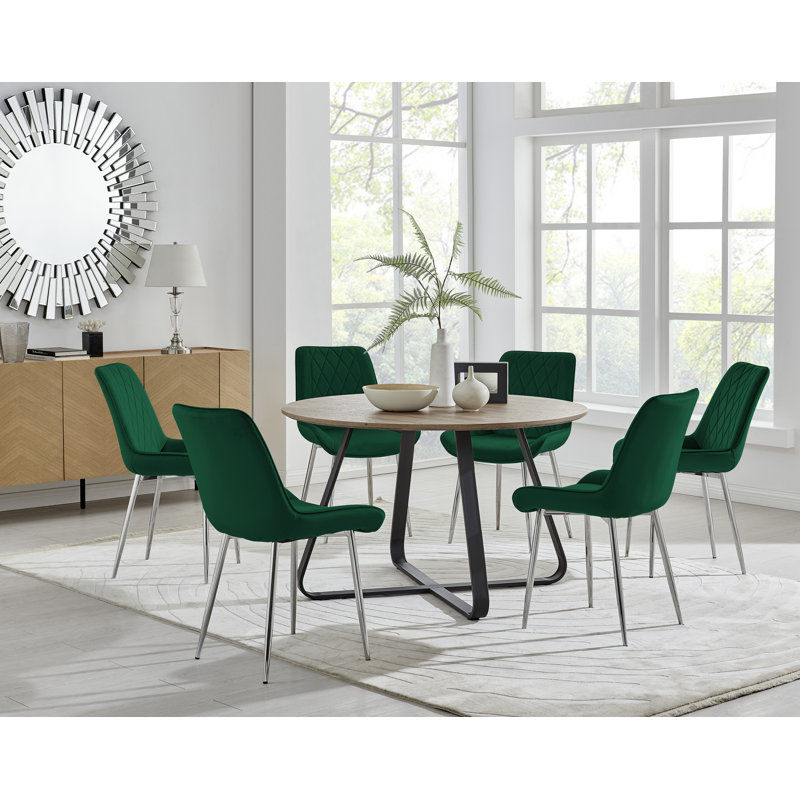 Sandy Classic Wood Effect & Metal Dining Table Set with 6 Luxury Velvet Dining Chairs, Green/Silver