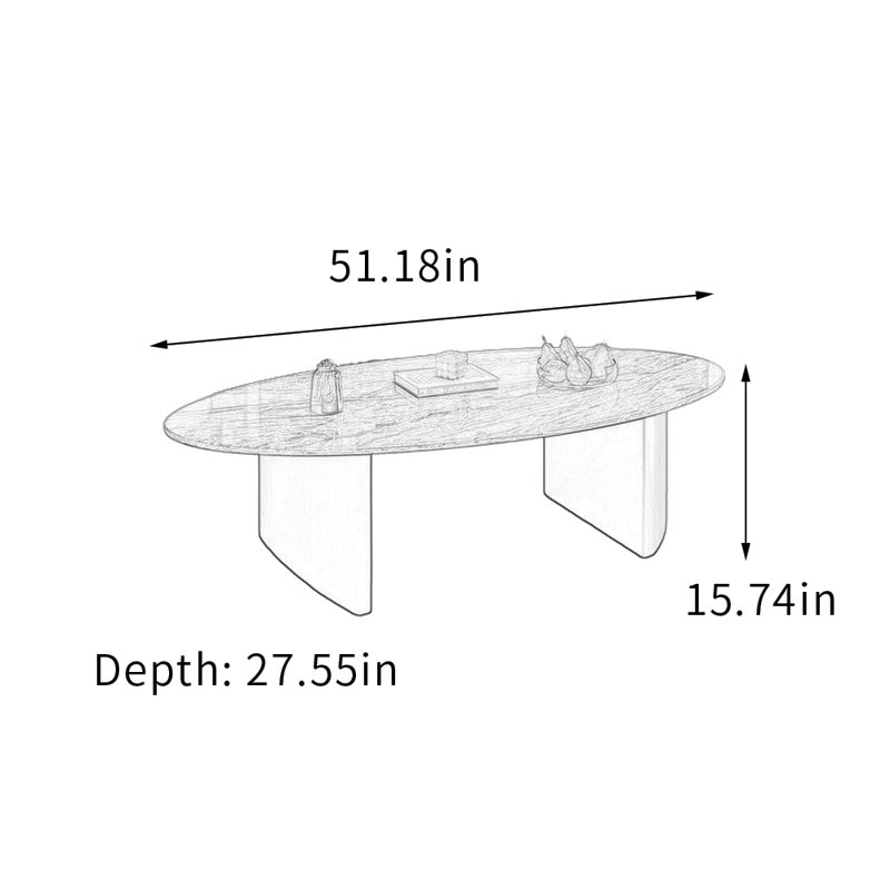Table basse ovale moderne avec base en métal Home, H 15,74 po x L 51,18 po x l 27,55 po, Noir, Gris