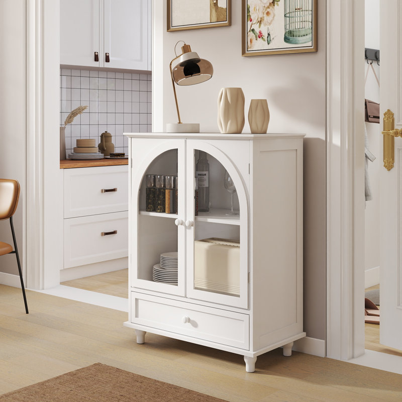 Buffet de ferme arqué à porte en verre, buffet blanc avec plateau à niveaux et 1 tiroir