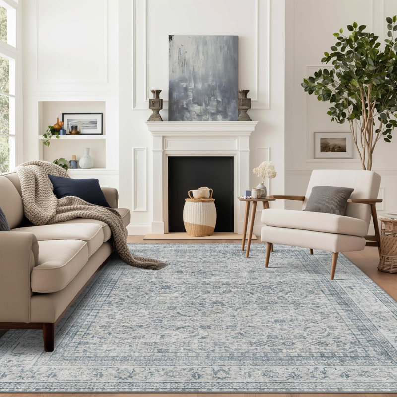 Blue Area Rug 8x10 Boho Washable Rug for Living Room Indoor Rugs