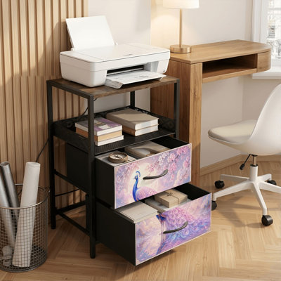 Table de chevet 2 tiroirs avec station de charge, table de chevet avec ports USB, tablette ouverte noire, table de chevet avec imprimé majestueux paon parmi les fleurs de cerisier