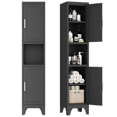 Modern Tall Narrow Metal Storage Cabinet with Adjustable Shelves & Doors, Open and Closed Storage, Adjustable Feet, Slim Design in Black/White for Kit by Winston Porter