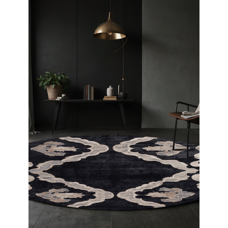 Machine Washable Black Area Rug, Round 4'