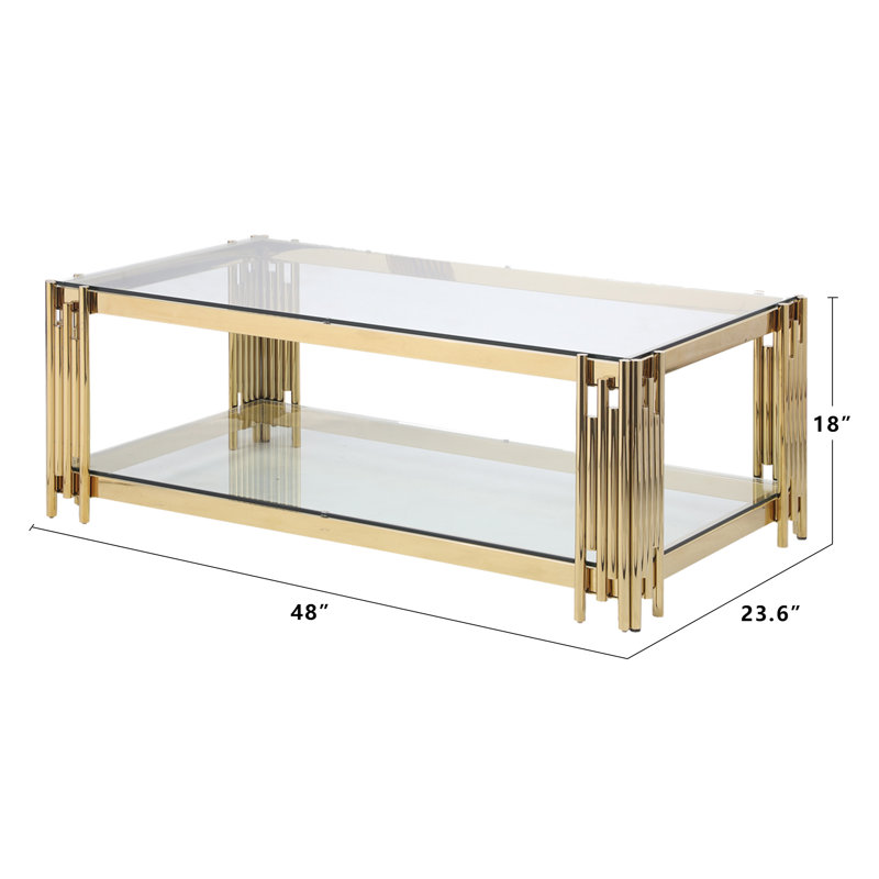 Table basse de 48 pouces en verre rectangulaire, table basse de salon avec rangement, canapé rectangulaire à 2 niveaux
