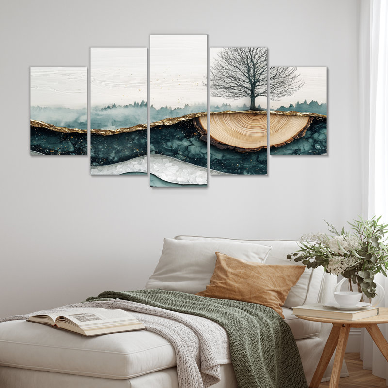 «Winter Tree In Ink Geode Landscape III», art mural forêt - ensemble d'art mural traditionnel 5 pièces