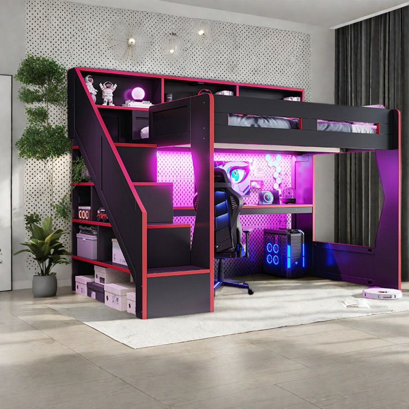 Lit double avec escalier de rangement, structure en MDF, mezzanine de jeu moderne, Noir