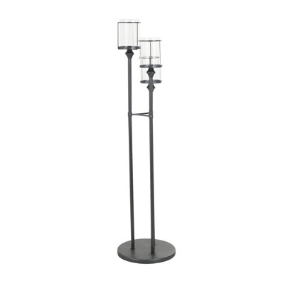 Metal Tall Floor Black Hurricane Lamp with 3 Posts and Round Base