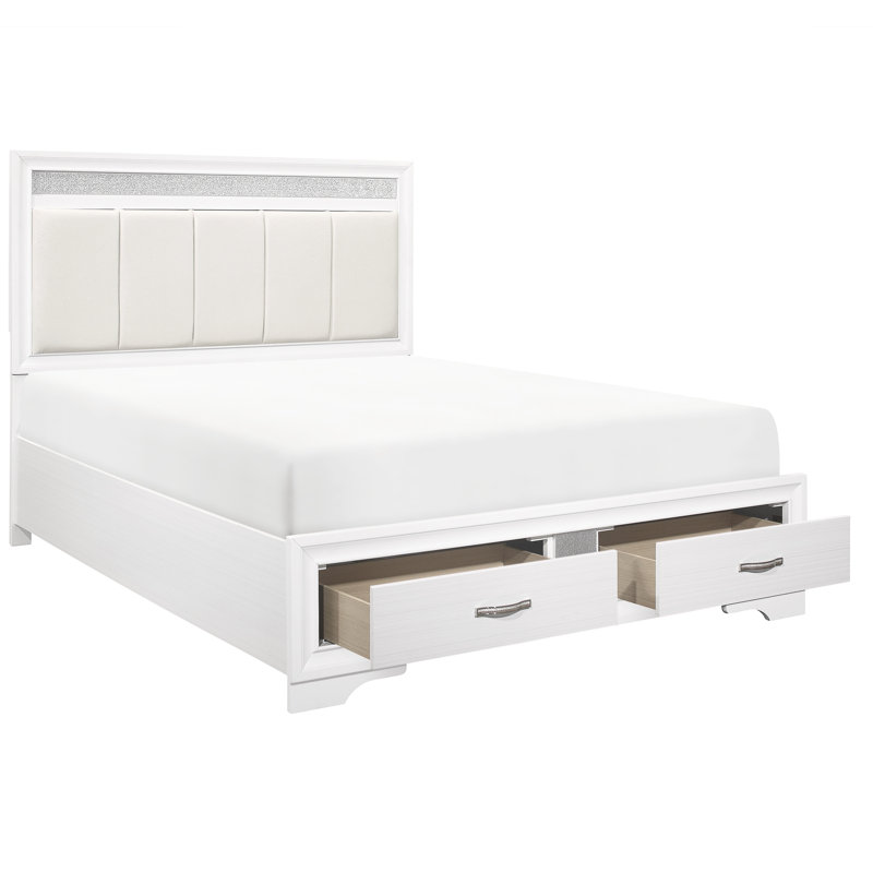 Grand lit moderne avec tête de lit tapissier en similicuir, rangement et tiroirs, style, finition blanche, accent de paillettes argentées, cadre de tête de lit plateforme en bois, pièce de chambre à coucher